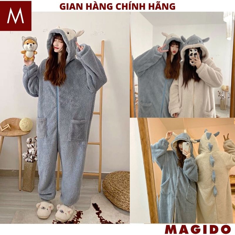 Bộ ngủ lông KHÙNG LONG LIỀN THÂN, Đồ mùa Đông mặc nhà Ullzang phong cách Hàn Quốc, Lông cừu giữ nhiệt dày dặn - MAGIDO
