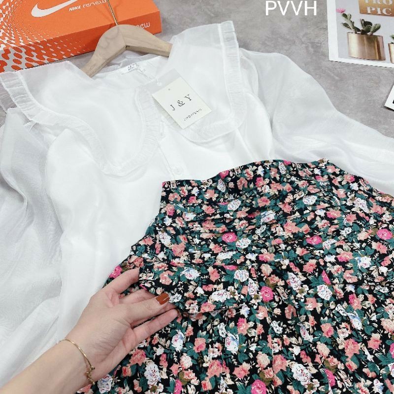SET ÁO SƠ MI MIX CHANAN VÁY HOA CÓ LÓT MẶC TIỂU THƯ BÁ CHÁY