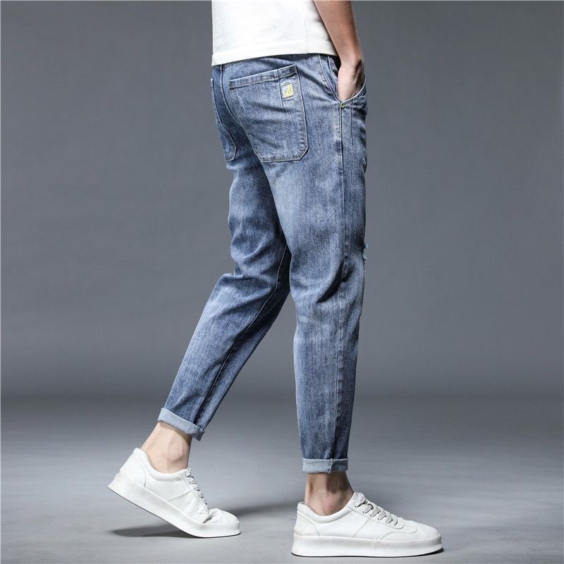 Quần Yếm Jeans Dài 9 Tấc Ôm Sát Phối Vết Rách Cá Tính Cho Nam