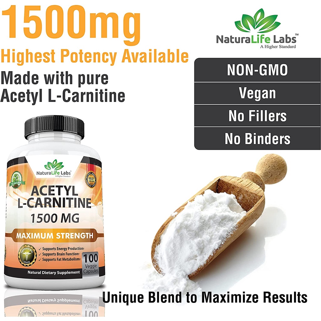 NaturaLife Labs Acetyl L-Carnitine 1500mg Maximum - Viên uống hỗ trợ trí não, tăng cường cơ bắp, chống oxy hóa 100 viên