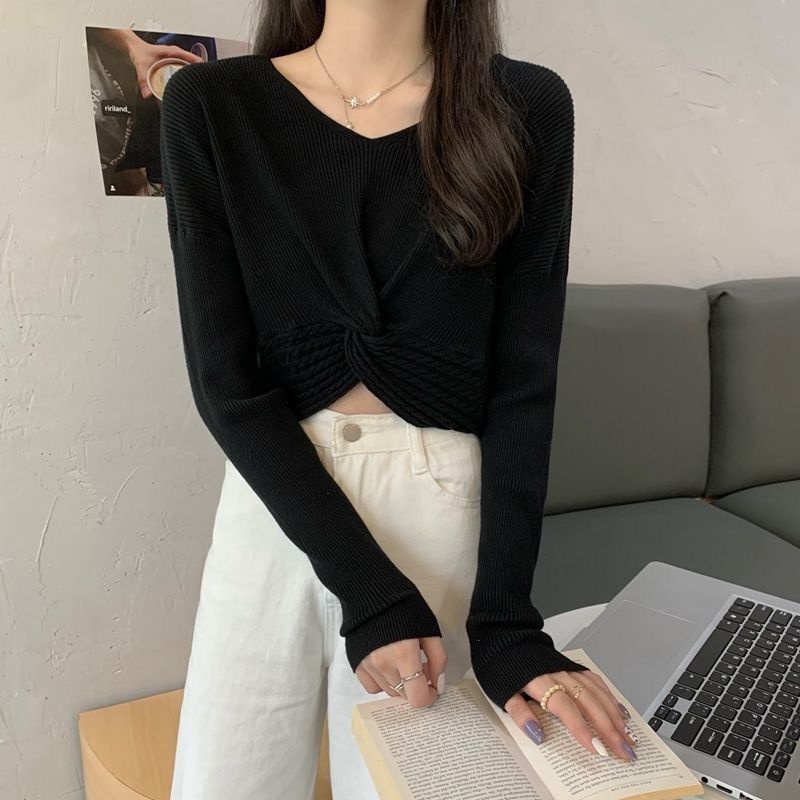 Áo sweater ZHELIHANGFEI tay dài cổ chữ V eo cao quyến rũ dễ phối đồ