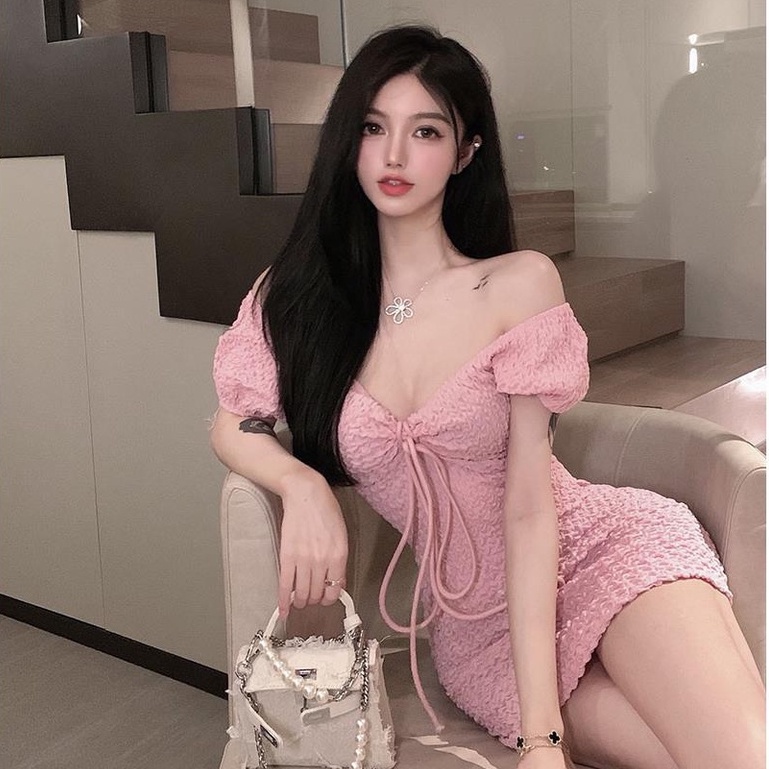 [MURIOKI] Đầm Tay Ngắn Phồng Cổ Chữ V Hở Lưng Ôm Dáng Thời Trang Hàn Quốc Cho Nữ