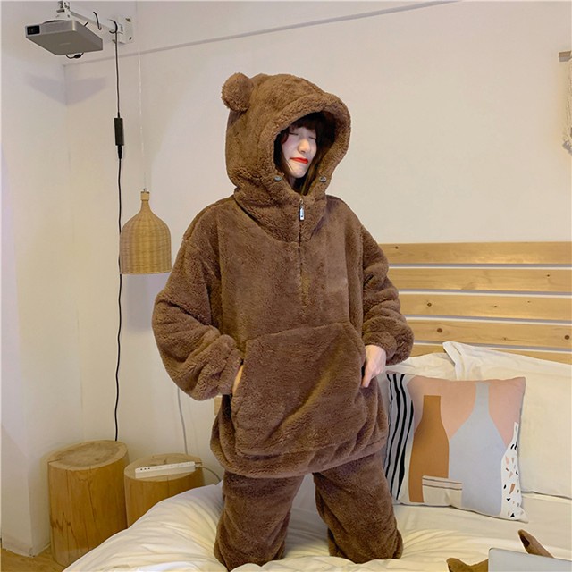 Bộ Ngủ Lông Cừu Mũ Tai Gấu Màu Be Nâu Siêu Xinh, Bộ quần ao ngủ nữ mùa đông ấm áp dày dặn, áo lông nữ - THÔNGTHU | BigBuy360 - bigbuy360.vn