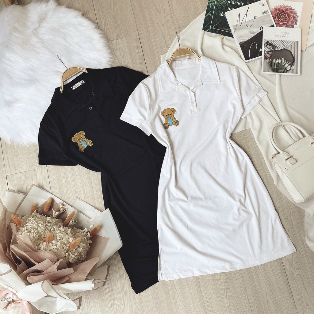 Đầm body cổ trụ thêu hình gấu bên ngực cực xinh , chất thun bozip dày dặn mềm