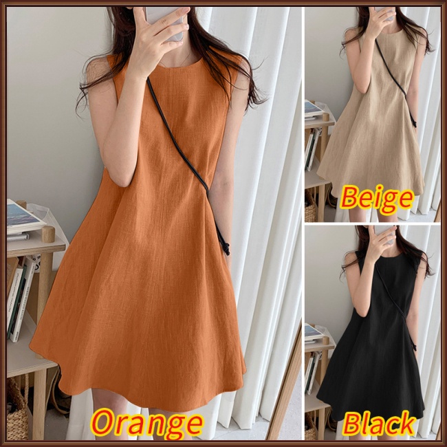 Đầm Ngắn Sát Nách Cổ Tròn Tròn Màu Trơn Bằng Vải Lanh Cotton Cho Nữ