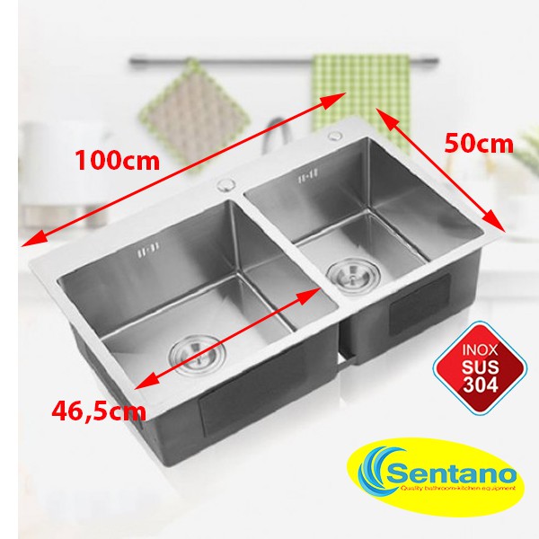 Bồn chậu rửa chén đúc 100x50cm 100% inox 304 hàng loại 1 có 2 ngăn lớn đều nhau