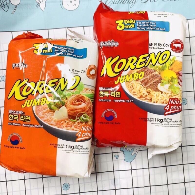 Mì koreno jumbo vị bò cay, vị kim chi - 10gói/lốc