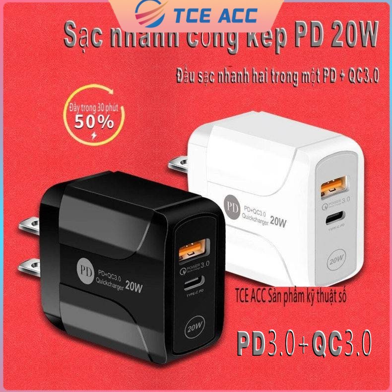 [20W] Bộ sạc nhanh hai cổng PD+QC3.0  ,cho IPHONE 8-13 / OPPO / VIVO / Huawei / Xiaomi đầu sạc nhanh