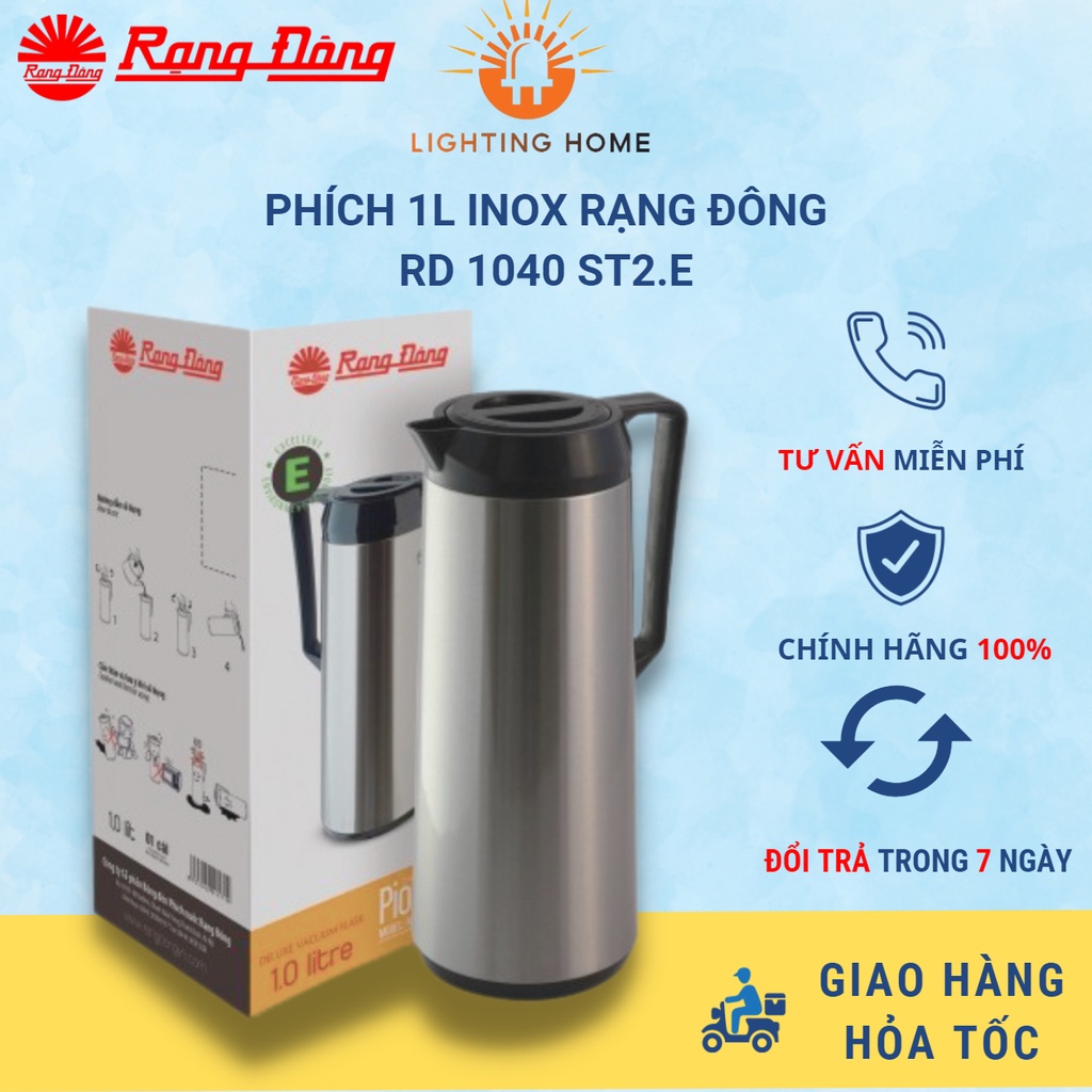 Phích đựng nước nóng giữ nhiệt 1 lít Rạng Đông INOX cao cấp ruột phích không chứa thủy ngân