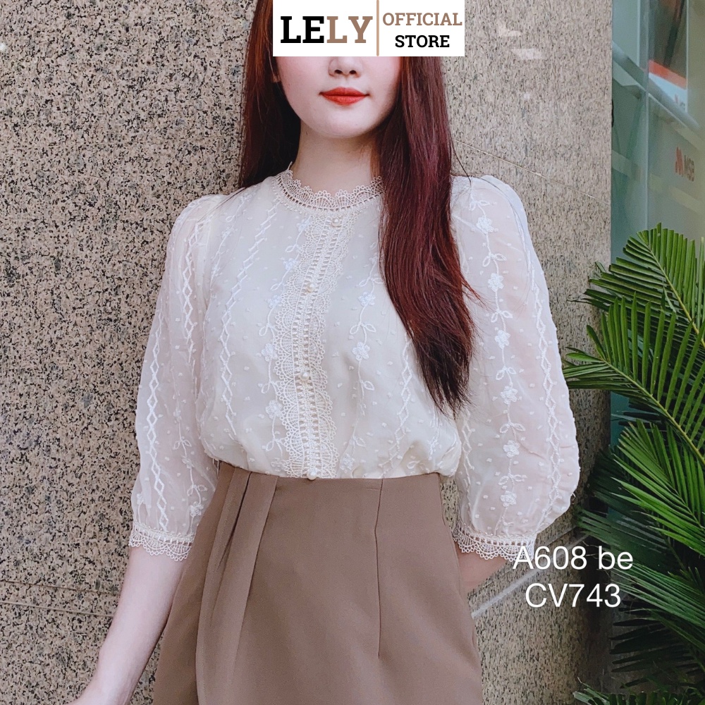 Áo sơ mi nữ Lely Fashion somi kiểu ngắn tay lỡ ren thêu cúc ngọc cao cấp thời trang công sở cổ ren trắng be A608