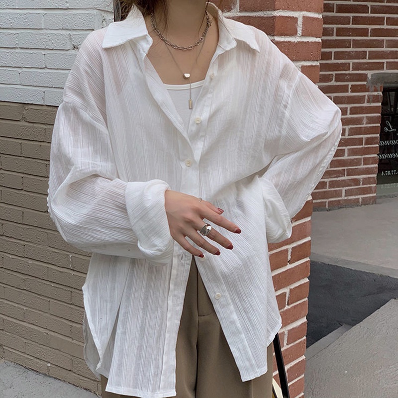 IELGY Áo sơ mi trắng tay dài dáng rộng phong cách Hàn Quốc cổ điển thời trang cho nữ