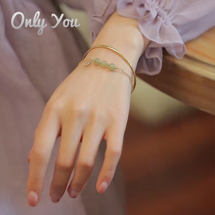 Vòng Tay Hai Lớp Mạ Vàng 18K Đính Đá Ngọc Bích Phong Cách Retro Sang Trọng