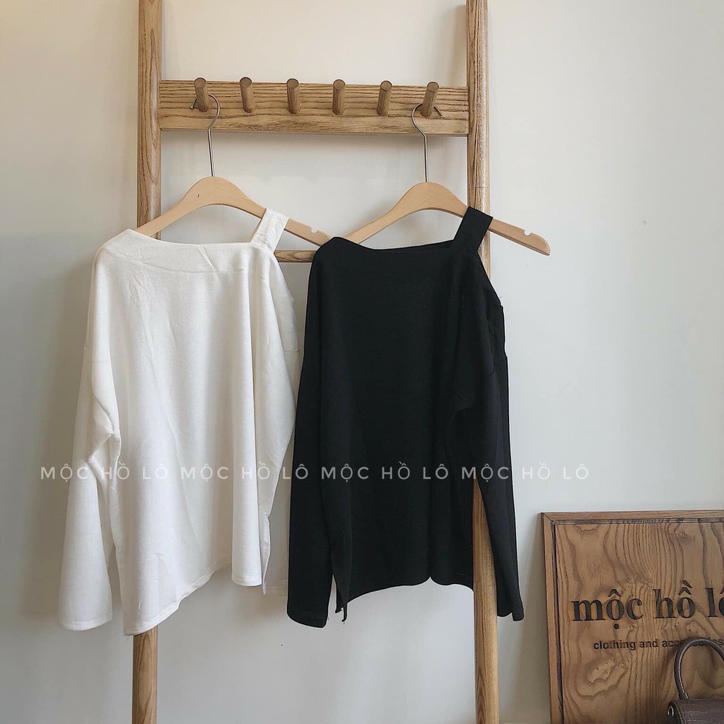 [ Mã WASTAPR giảm 10K đơn 50K] ÁO LỆCH VAI XẺ TÀ TAY DÀI TRẮNG ĐEN ULZZANG | BigBuy360 - bigbuy360.vn