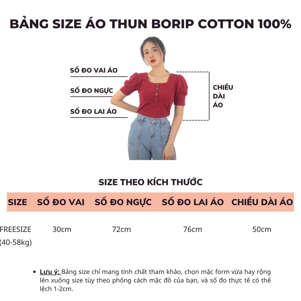 Áo thun borip nữ cổ vuông tay phồng có đính nút trước ngực T&amp;N TSHIRT COLLECTION, chất borip cotton 100%, ôm body A02363