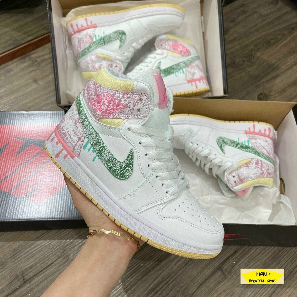 Giày thể thao Air Jordan 1 Mid Paint Drip (GS) vẩy sơn hồng cổ cao siêu hot, cá tính dành cho nữ ( SALE CỰC SỐC )