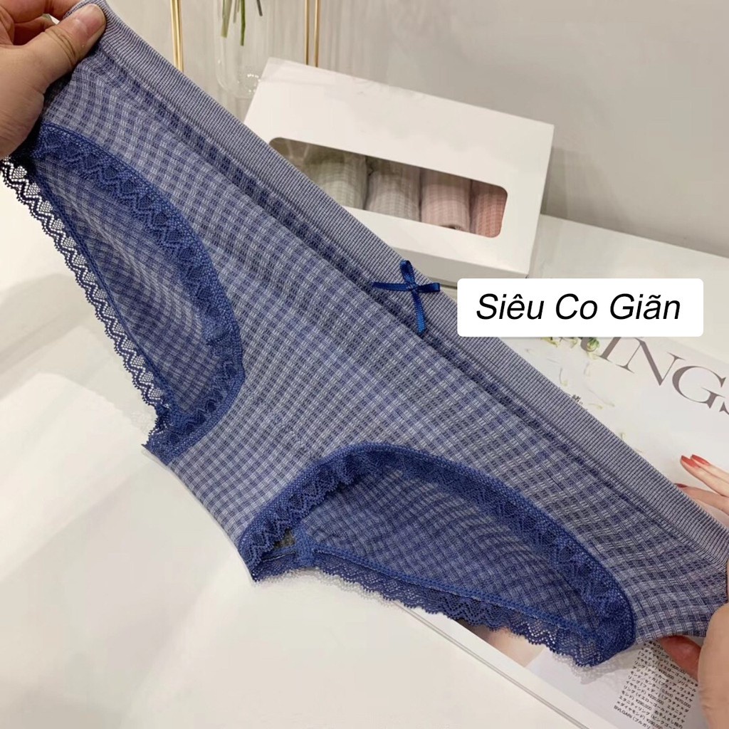 [Thanh Lý] Quần lót cotton KIMCHIBIKINI kẻ caro freesize 40-55kg phối ren nơ co dãn 4 chiều ôm bụng nâng mông QL124