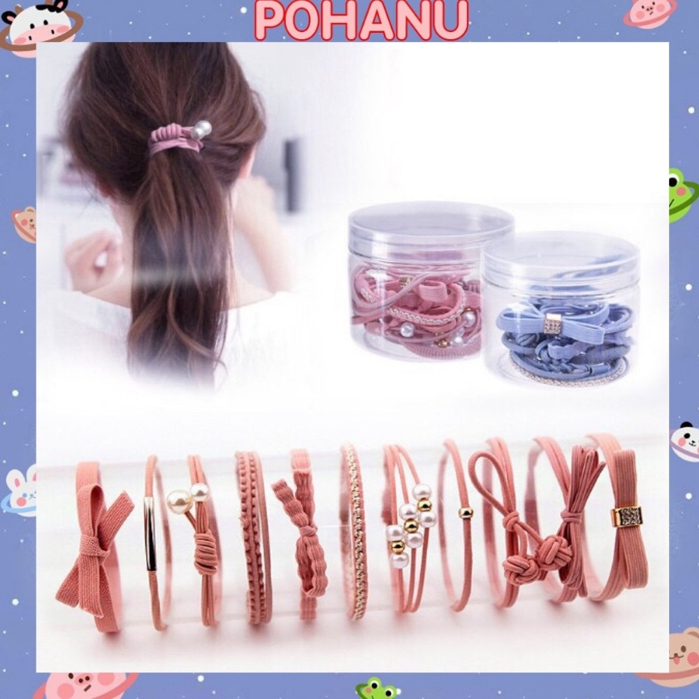Hộp 12 chun buộc tóc Pohanu hộp dây cột tóc nhiều màu co giãn dễ thương HC12