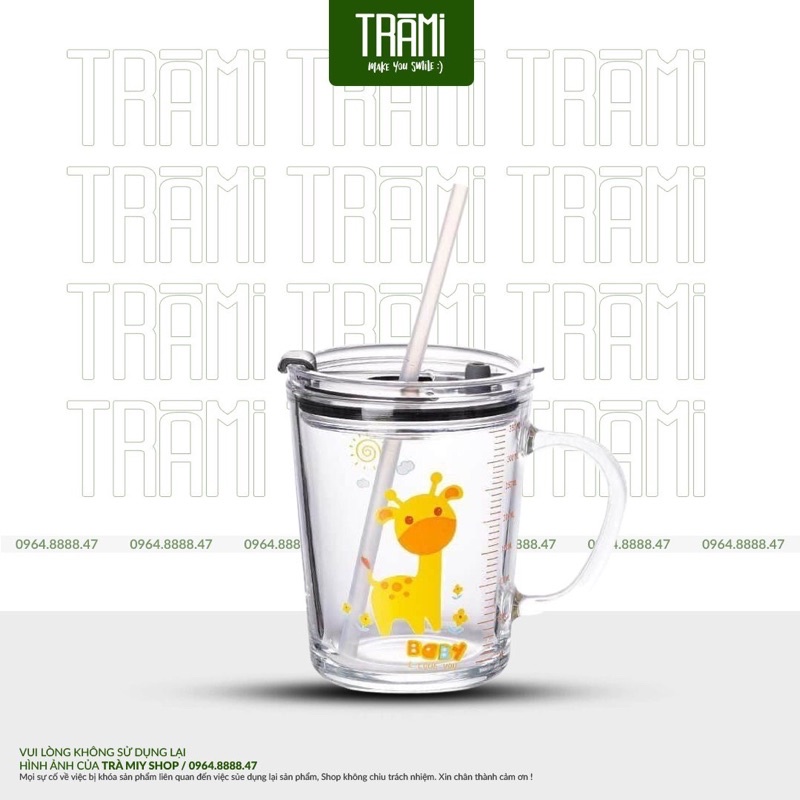 Ly Thủy Tinh Chia Vạch 350ml, Ly Pha Sữa Chia ml, Nắp Chống Tràn, Tiện Lợi, Bền Đẹp, Ống Hút Sillicon