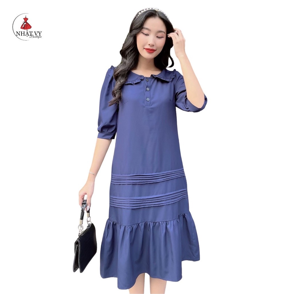 Đầm Nữ NHẬT VY Đầm Cổ Bèo Tay Lửng Phối Đuôi Cá Chất Lụa Pháp Công Sở Màu Nude, Xanh, Đỏ - D2207