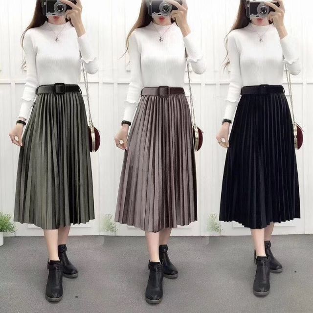 Chân váy xếp ly dài nhung QC kèm đai loại đẹp