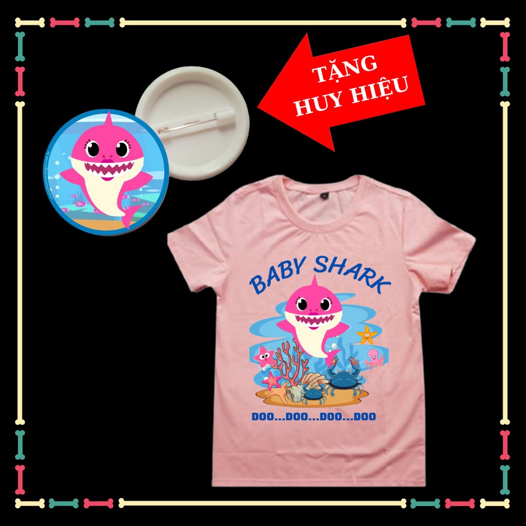 Áo thun Baby Shark bé gái, bé trai dễ thương, vải thun co giãn 4 chiều, đủ size áo, kèm huy hiệu Babyshark