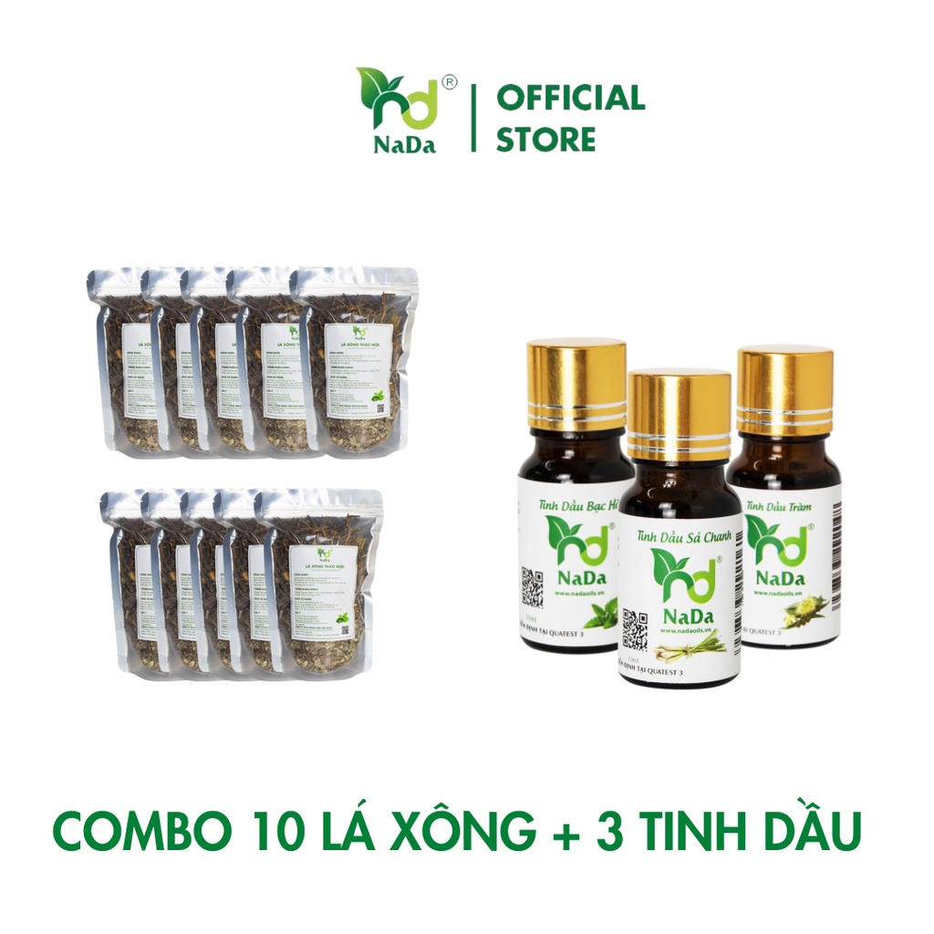 [COMBO XÔNG HƠI]10 Gói lá xông + 3 chai Tinh dầu: Sả chanh, Bạc hà, Tràm Nada Oils | Nguyên chất 100% từ thiên nhiên