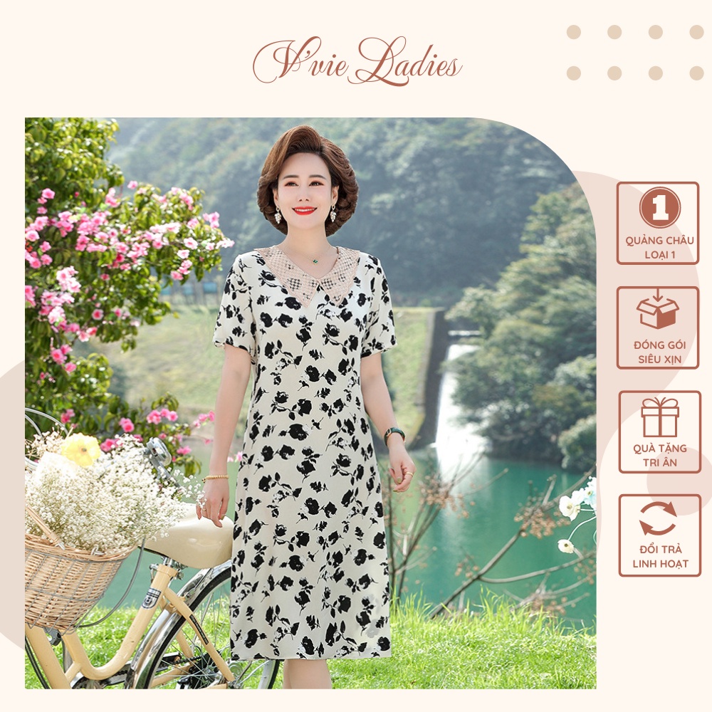 Đầm trung niên vải voan 2 màu xanh/trắng cổ ren chữ V tặng mẹ V'vie Ladies
