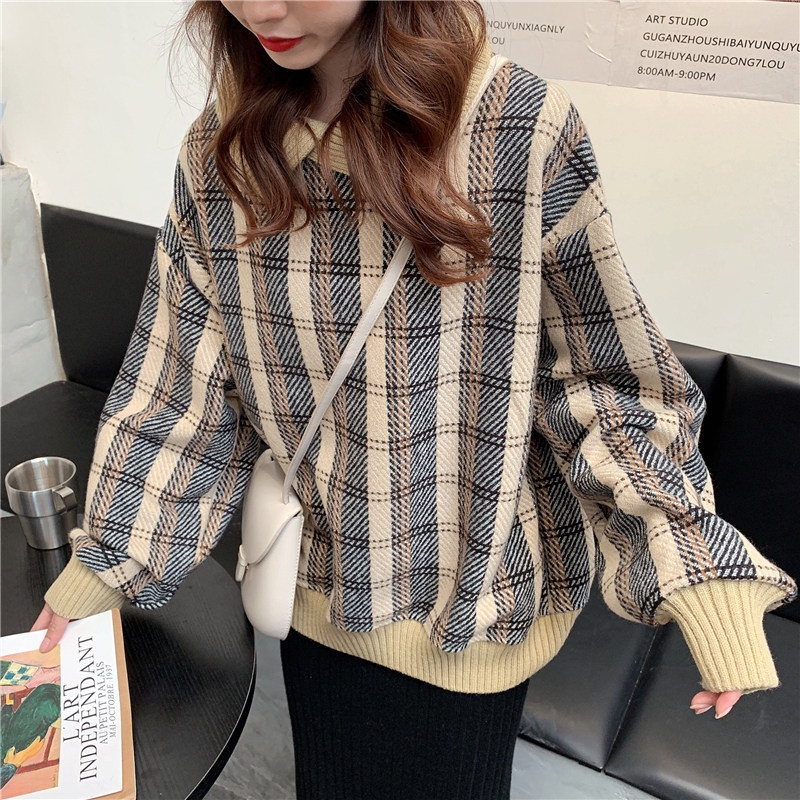 Áo sweater lông cừu dày dặn cổ bẻ kẻ sọc ca rô phong cách hàn quốc cho nữ