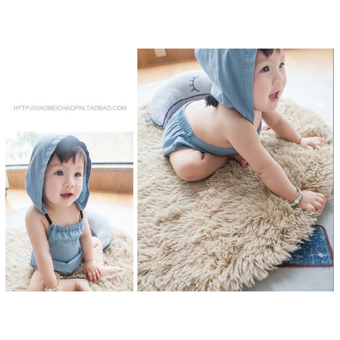 Áo Liền Quần Sanlutoz Denim Màu Xanh Dương Có Mũ Dễ Thương Thời Trang Mùa Hè Cho Bé