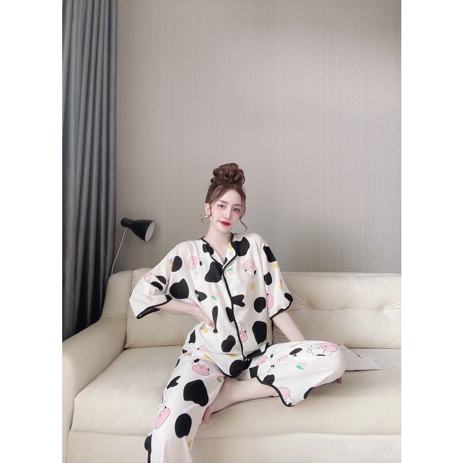 Bộ Ngủ MặC Nhà, Đồ Pijama Ngắn Tay Quần Dài Lượn Sóng Họa Tiết Bò Sữa Chất Lụa Mango Mềm Mịn, Form Dáng Rộng Rãi T | BigBuy360 - bigbuy360.vn