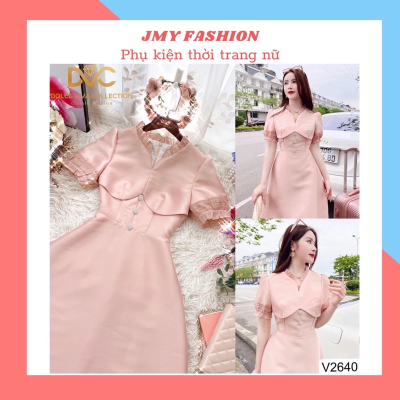 V2640 Váy hồng tafta tiểu thư cổ V dự tiệc sang chảnh - (DVC&ACC) Dolce viva colection