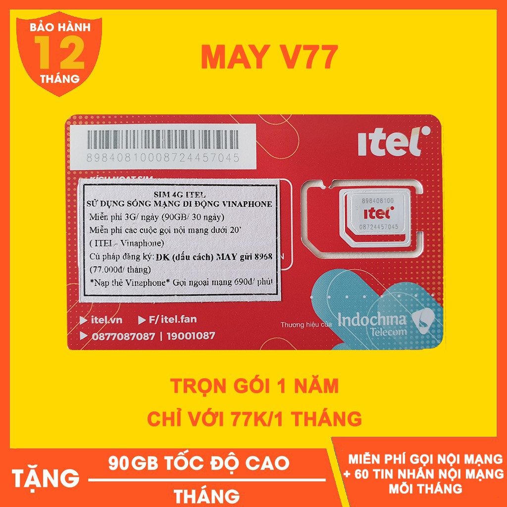 Sim 4g Itelecom V77 Ưu Đãi 90gb/1 Tháng Trọn Gói 1 Năm