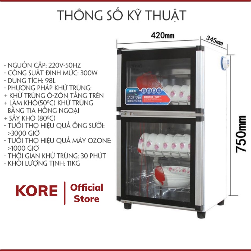 Máy sấy bát đũa gia đình Kore33 dung tích 98L, Tủ sấy và khử khuẩn chén đĩa công nghệ sấy khô khử trùng ozon