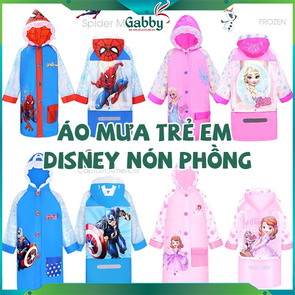 Áo Mưa Trẻ Em, Áo Mưa Cho Bé Có Nón Chính Hãng Disney (Captain, Elsa, Spiderman)