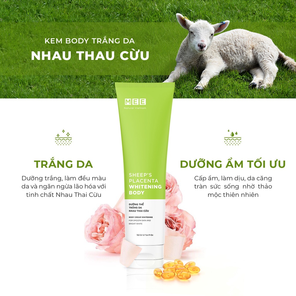 Kem body trắng da nhau thai cừu Mee Natural, nâng tone dưỡng da cấp ẩm 162g