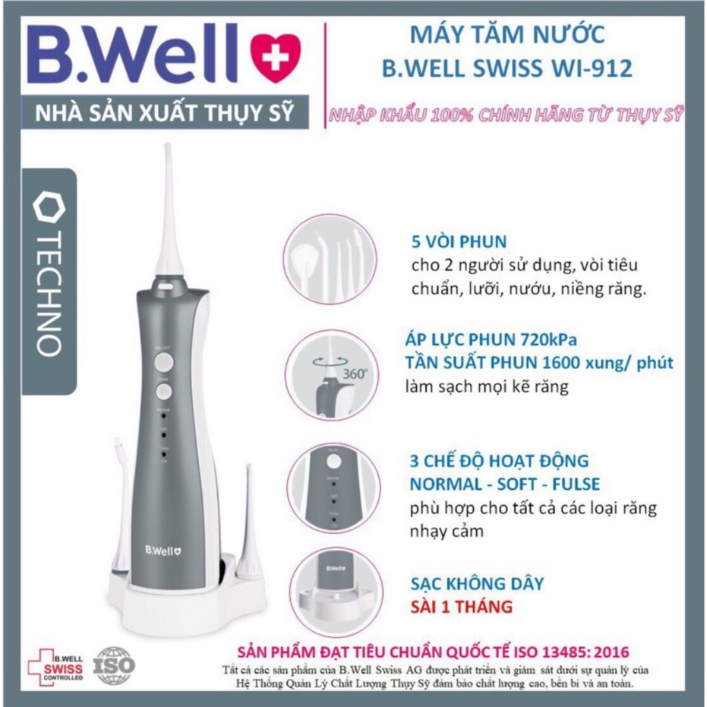 Máy Tăm Nước Cầm Tay B.Well Swiss WI-912 Sản Phẩm Chính Hãng Với 5 Vòi Phun, 3 Chế Độ Chăm Sóc Răng Miệng