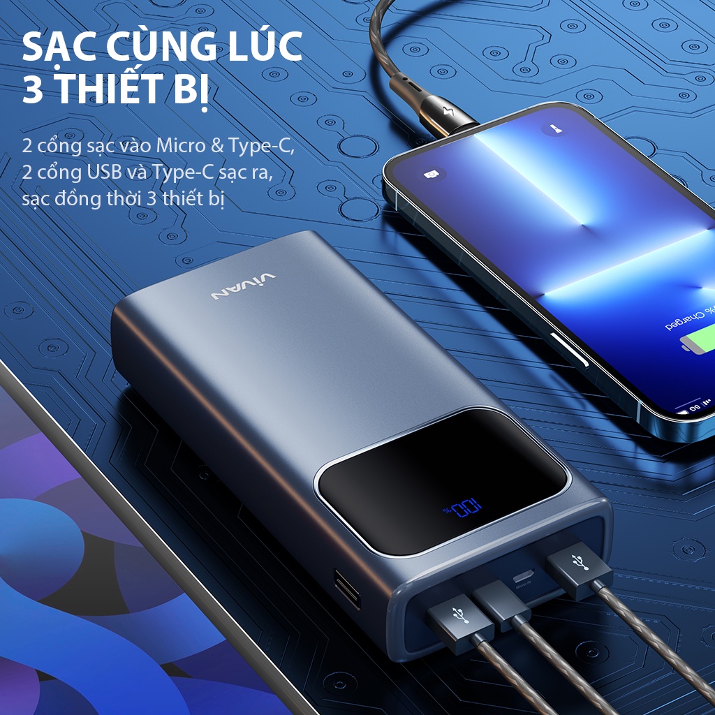 Pin dự phòng sạc nhanh VIVAN VPB-C20 Xanh 20000mAh Hiển thị đèn LED PD+QC3.0 22.5W- bảo hành 12 tháng