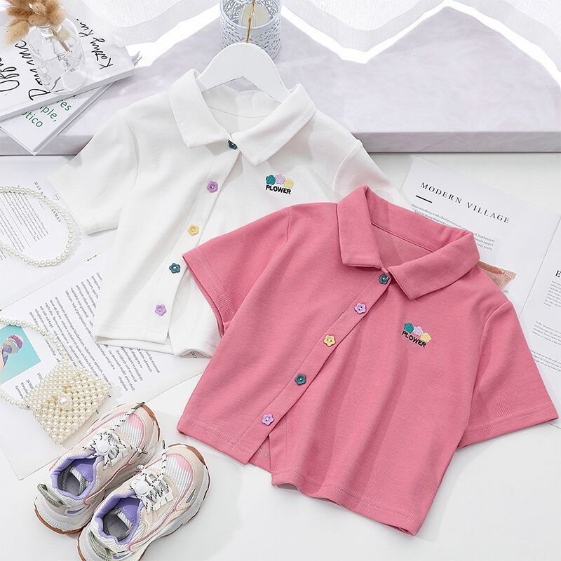 Áo Thun Polo Tay Ngắn Bằng Cotton Nguyên Chất 2022 Thời Trang Mùa Hè Hàn Quốc Dành Cho Bé Gái