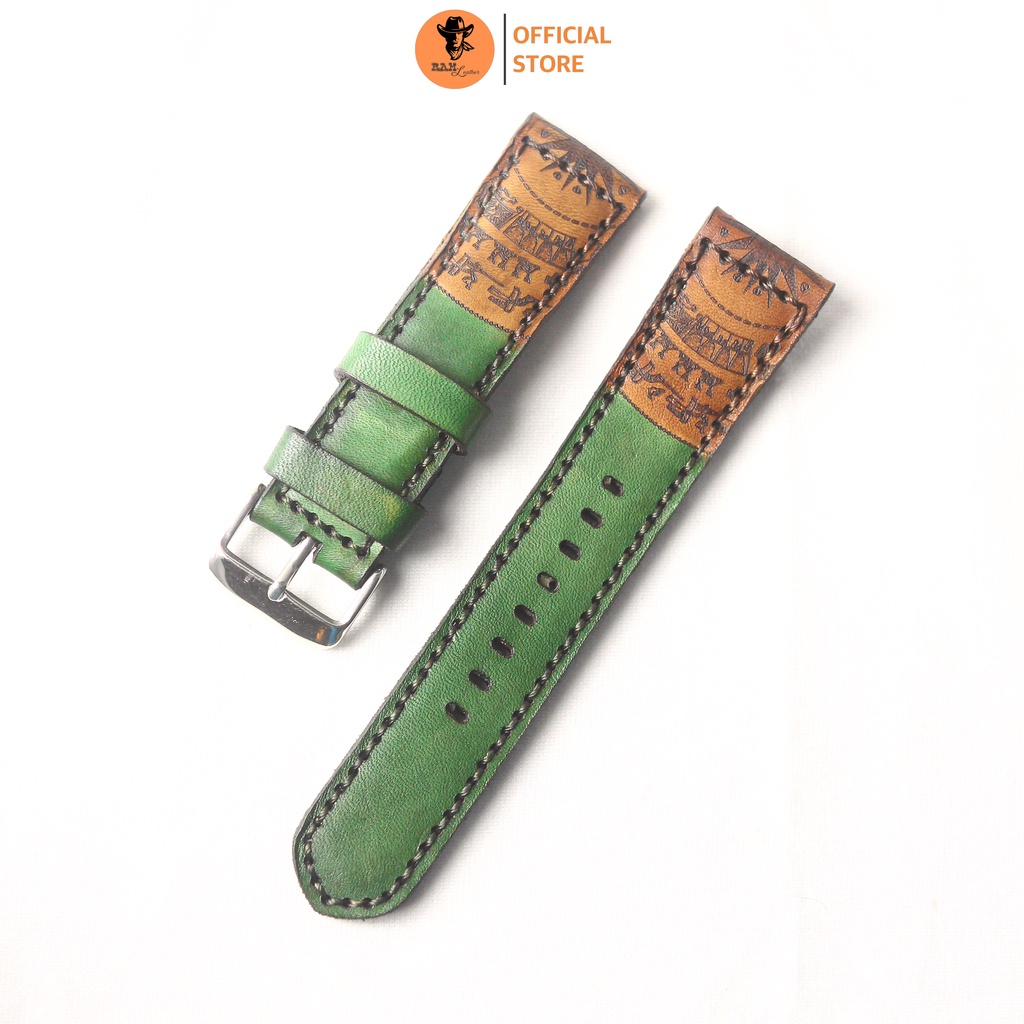 Dây đồng hồ trống đồng da bò vegtan màu xanh ngọc - RAM Leather