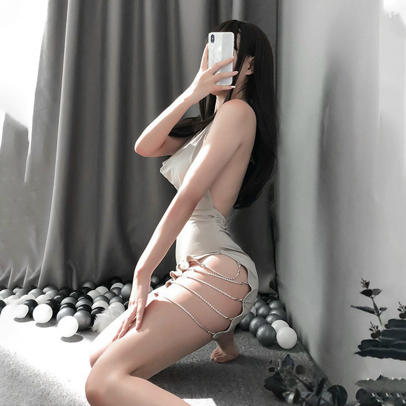 Váy Ngủ Nữ Sexy Xẻ Đùi Phối Dây Xích Quần Lót Lọt Khe T - Đồ Ngủ Sexy Gợi Cảm - VB Mắt xích