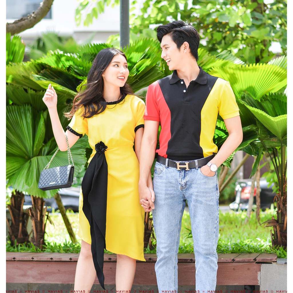 Đầm Pleated Neck Sleeve Black Band Yellow Dress HAVIAS