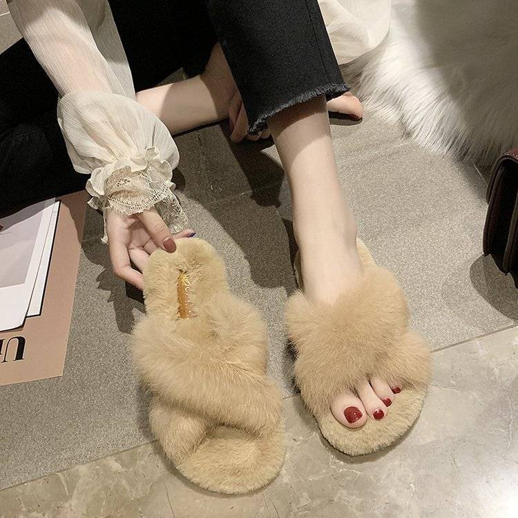 Dép cotton quai chéo phối lông thỏ kiểu Hàn Quốc thời trang xuân hè cho nữ 2021