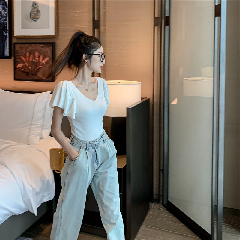 Áo Thun Dệt Kim Tay Ngắn Cổ Chữ v Thời Trang Dành Cho Nữ