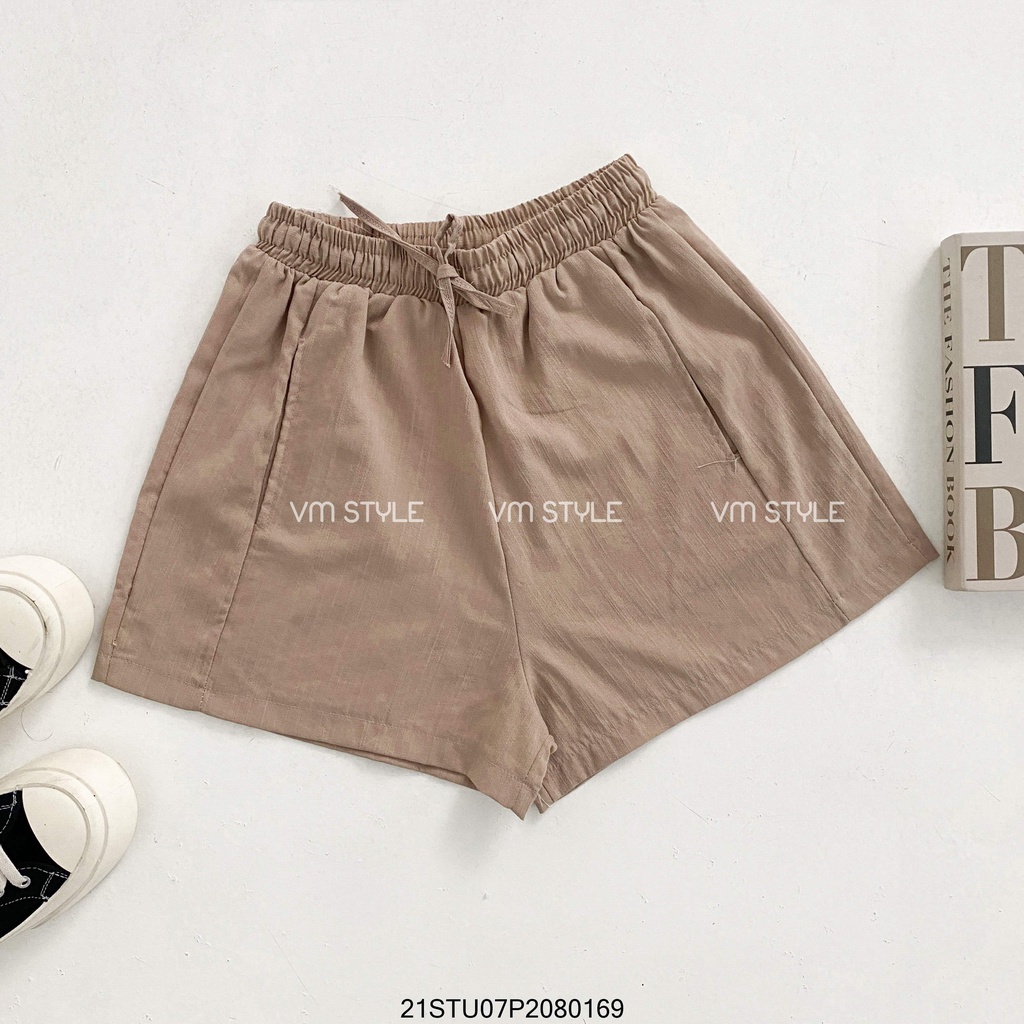 Quần short nữ ống rộng VM STYLE chất đũi trơn cạp chun phối dây rút thể thao - 21STU07P20801