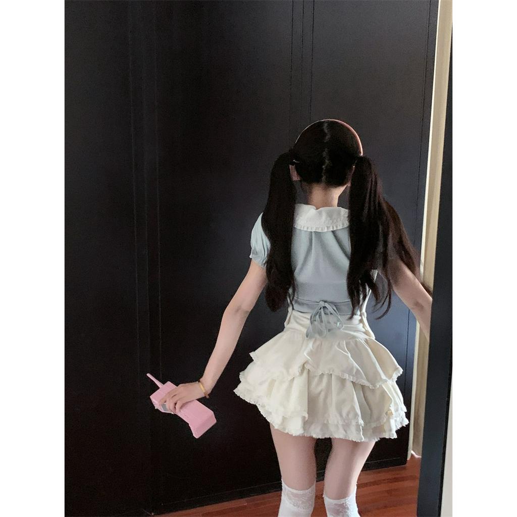 Cocory vn Bộ Áo Tay Phồng Cổ Búp Bê / Chân Váy Lưng Cao Xếp Tầng Đáng Yêu Thời Trang Cho Nữ