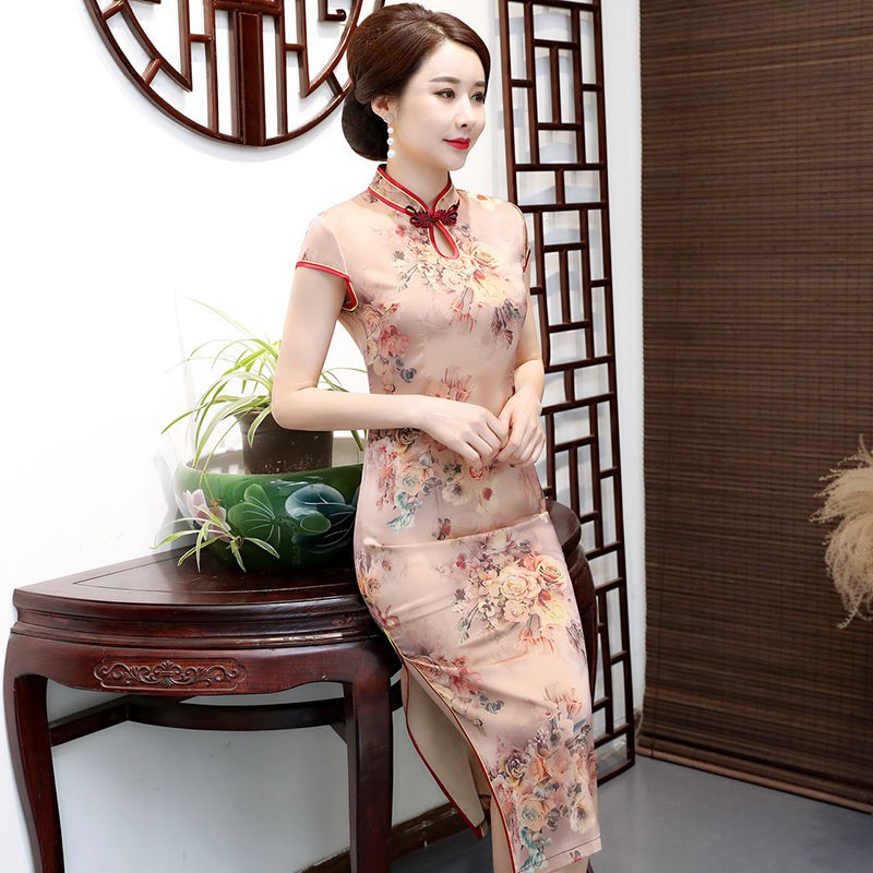Thời trang trung niên◘♂♝Sườn xám nữ phiên bản cải tiến ngắn tay mùa hè kiểu Trung Quốc che bụng các bà mẹ niên
