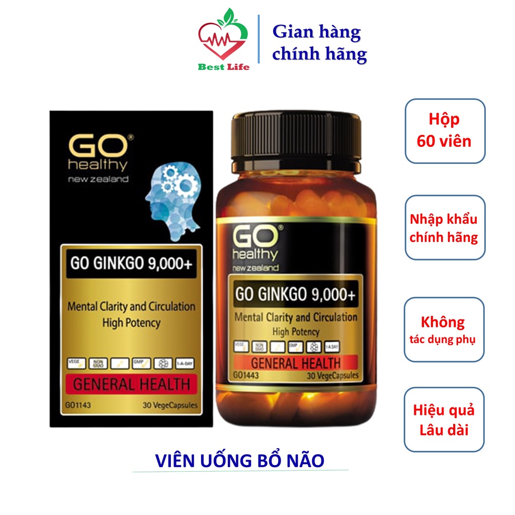 Bổ não Go Healthy Go Ginkgo 9000+ hoạt huyết dưỡng não tăng cường tuần hoàn não cải thiện trí nhớ hộp 30 và 60 viên