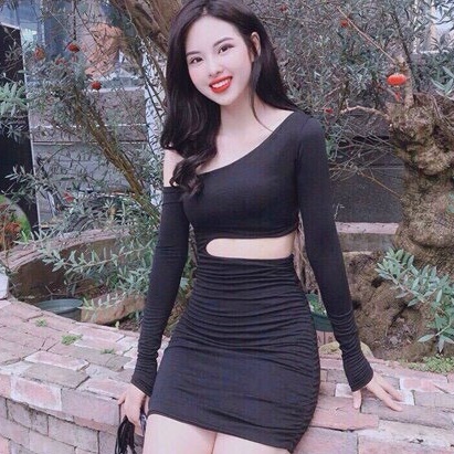 Đầm thun ôm body lệch vai khoét eo sexy đi chơi dạo phố phong cách retro