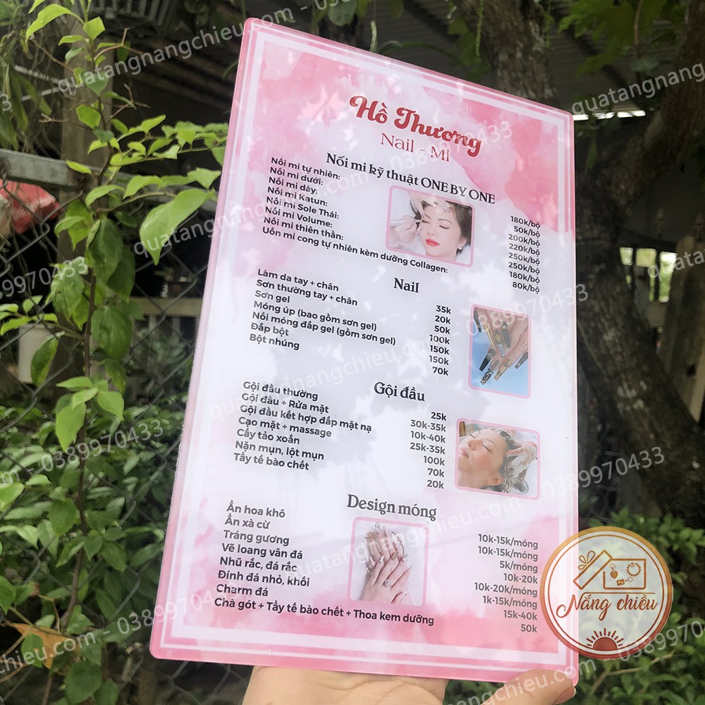 Menu, bảng giá cho tiệm nail, mi, thẩm mỹ viện in và thiết kế theo yêu cầu của khách hàng, thiết kế theo mẫu có sẵn
