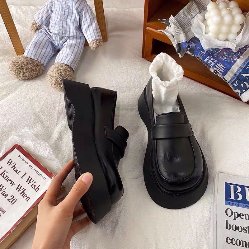 Giày oxford da trơn mũi tròn đế dày bánh mì phong cách Anh